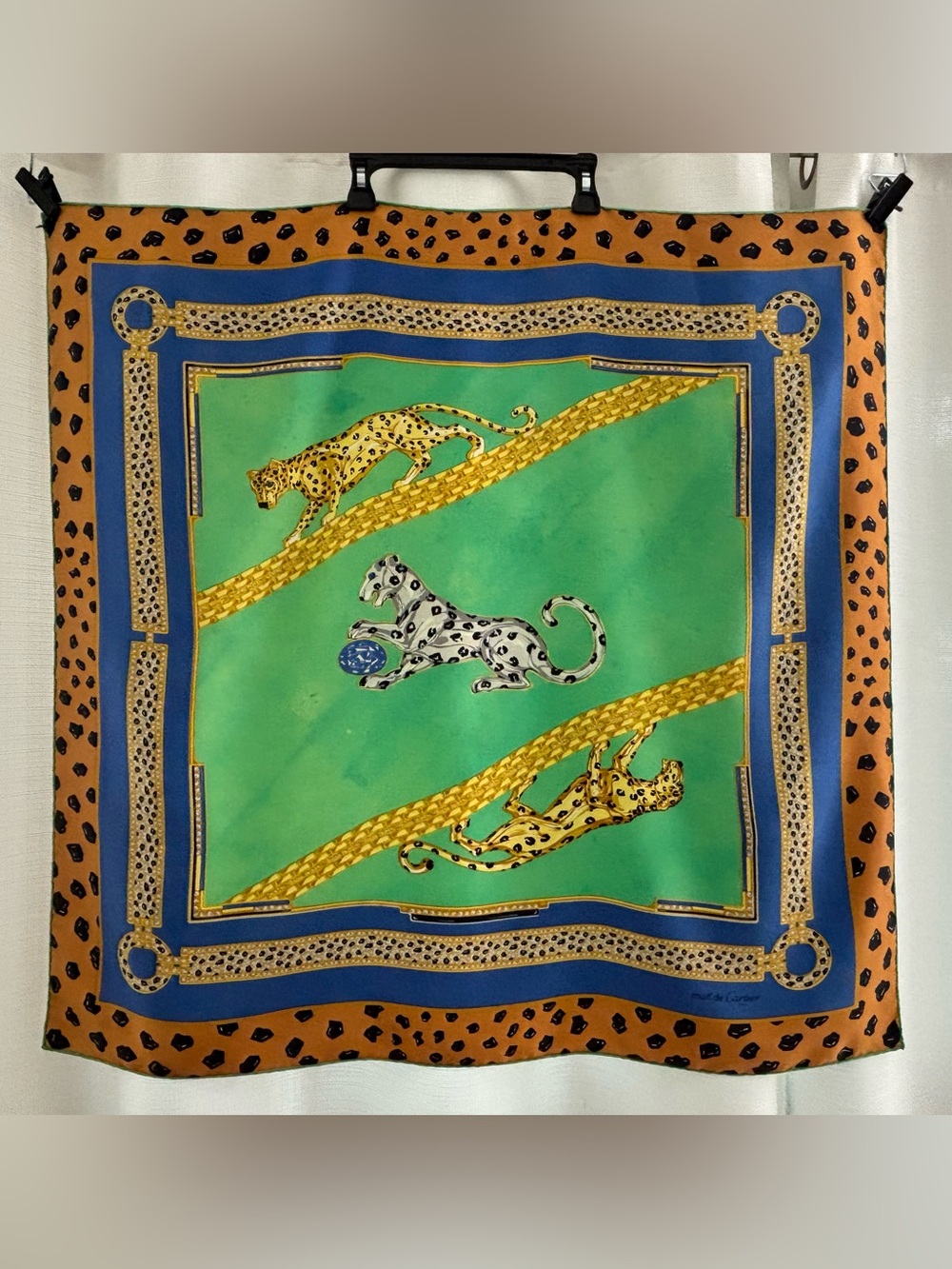 Cartier "Must de" Line Silk Scarf in Green, Blue & Orange, Vintage. Callouts. - Picture 2 of 11